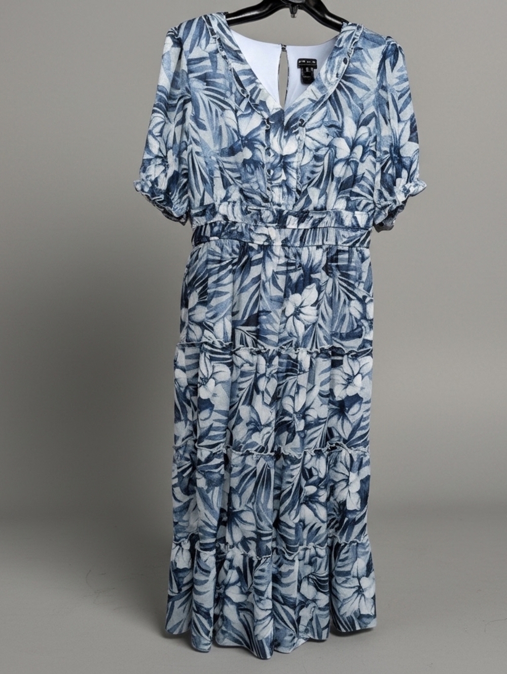 Kate and Lily Woman Blue Floral Tiered Midi Dress 14W Boho Tropical Chiffon